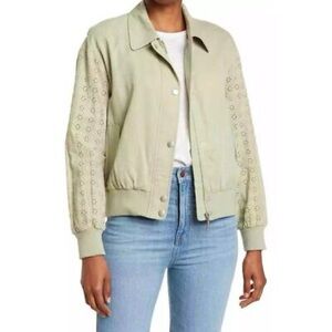 7 For All Mankind Olive Green Bomber Jacket with Eyelet Sleeves, Size Small